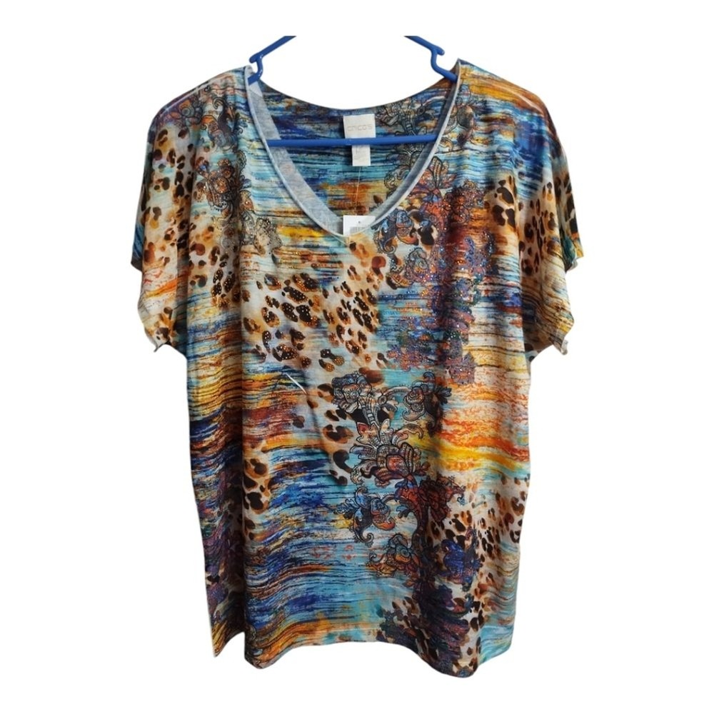 Chicos Color Formation Amalthea Knit Pattern‎ Bejeweled Casual Office Blouse 2/L